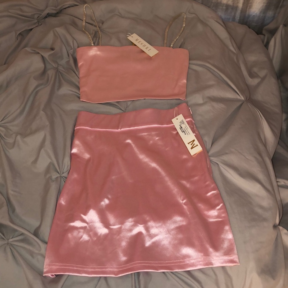 two piece light pink satin set